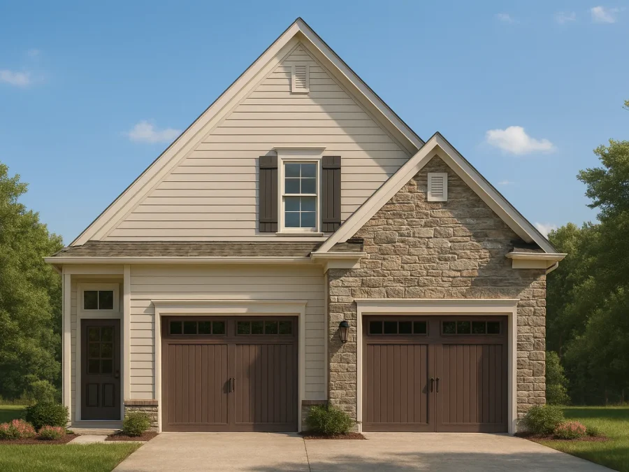 Front elevation of a Traditional Suburban Craftsman home featuring horizontal siding, stone accents, gable rooflines, and two front-load garage doors