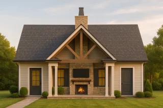Front view of a Cottage Craftsman style home featuring stone accents, horizontal siding, gable roof, and a covered porch with outdoor fireplace
