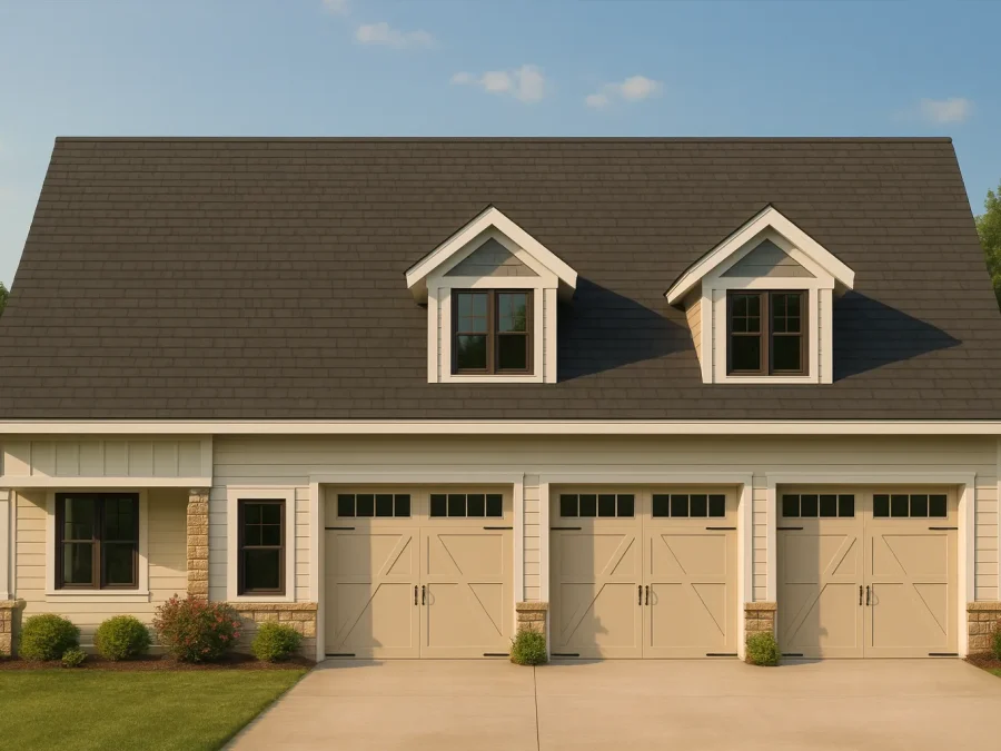 Front elevation of a traditional carriage house garage apartment featuring board-and-batten siding, horizontal siding, stone bases, and triple garage doors with dormer windows above