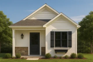 Front elevation of an American Cottage style home featuring horizontal siding, stone wainscot, gable rooflines, and a inviting covered porch entry