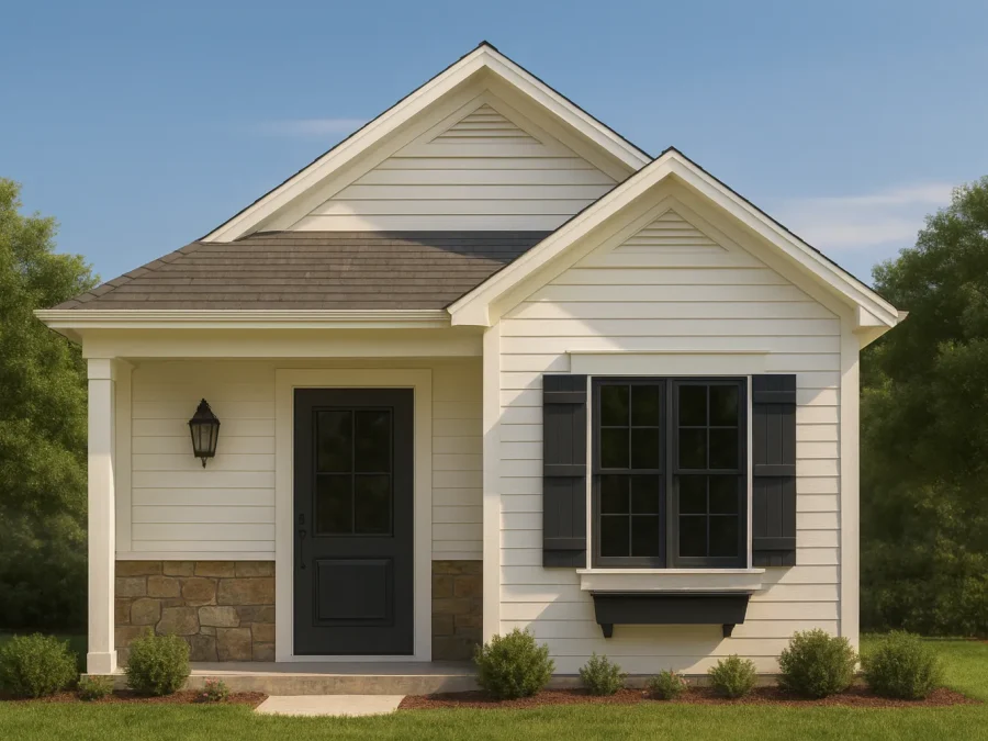 Front elevation of an American Cottage style home featuring horizontal siding, stone wainscot, gable rooflines, and a inviting covered porch entry