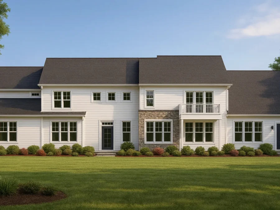 Front elevation of a Modern Farmhouse home featuring horizontal siding, stone accents, dark rooflines, and symmetrical windows