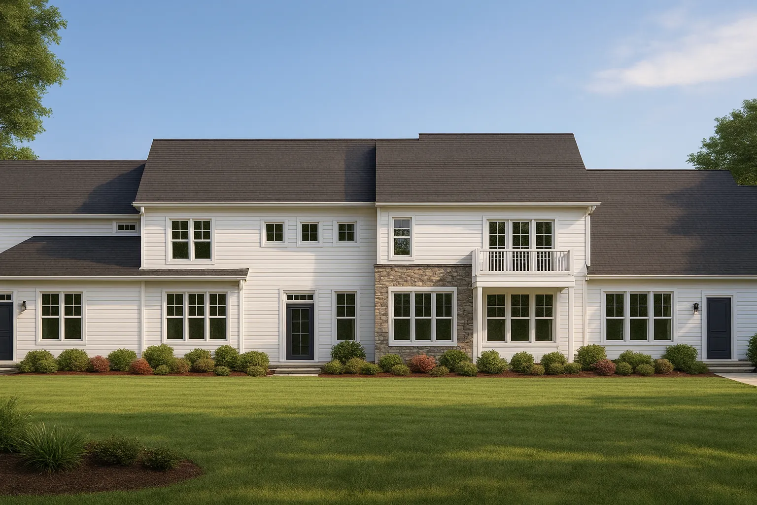 Top Designer-Approved House Plans 10 Front elevation of a Modern Farmhouse home featuring horizontal siding, stone accents, dark rooflines, and symmetrical windows