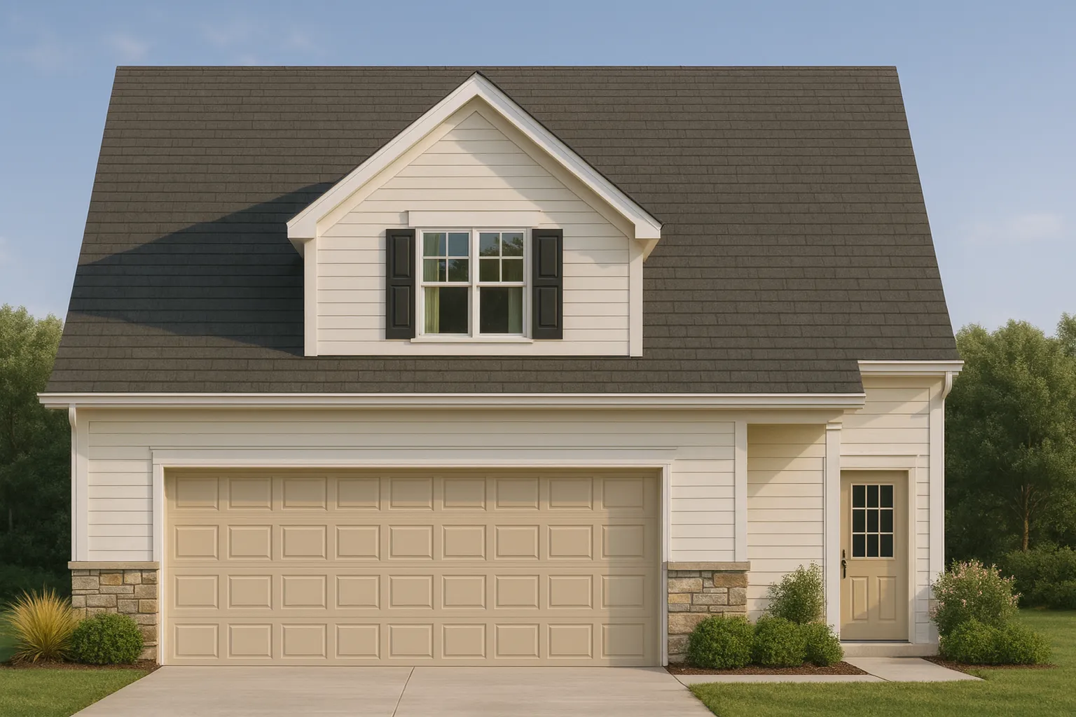 Front elevation of a Traditional Suburban home with horizontal siding, stone accents, dormer window, and a 2-car garage