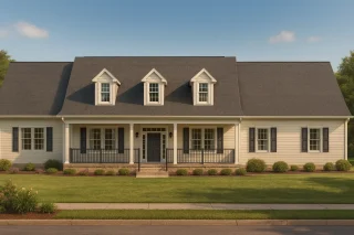 Front elevation of a Traditional Colonial Cape Cod style home featuring horizontal siding, three dormers, covered front porch, and symmetrical façade