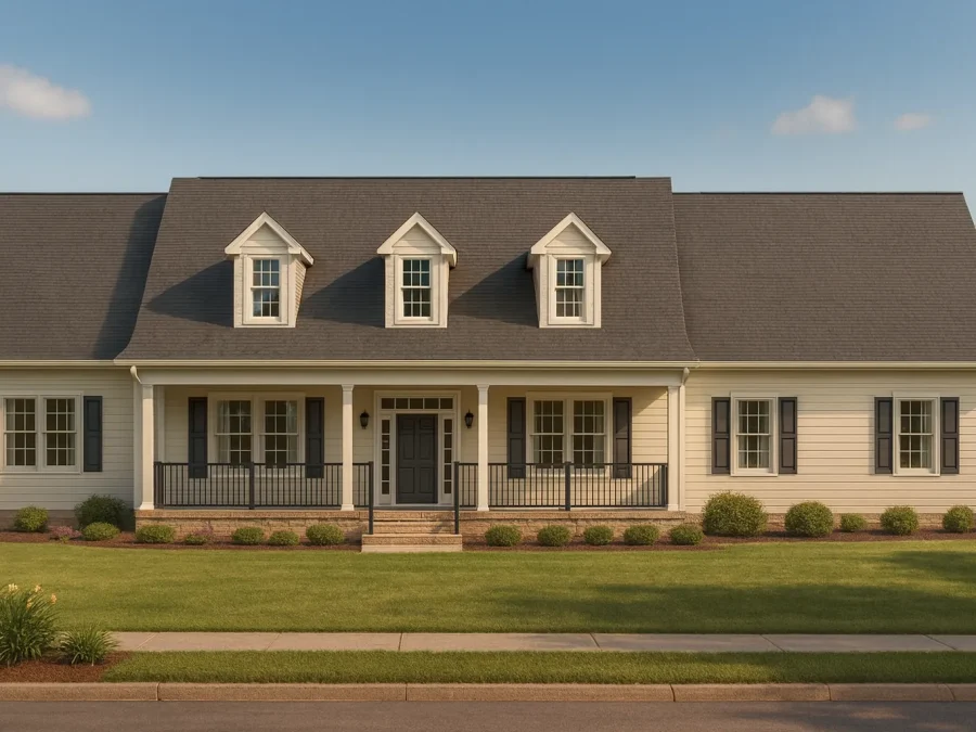 Front elevation of a Traditional Colonial Cape Cod style home featuring horizontal siding, three dormers, covered front porch, and symmetrical façade