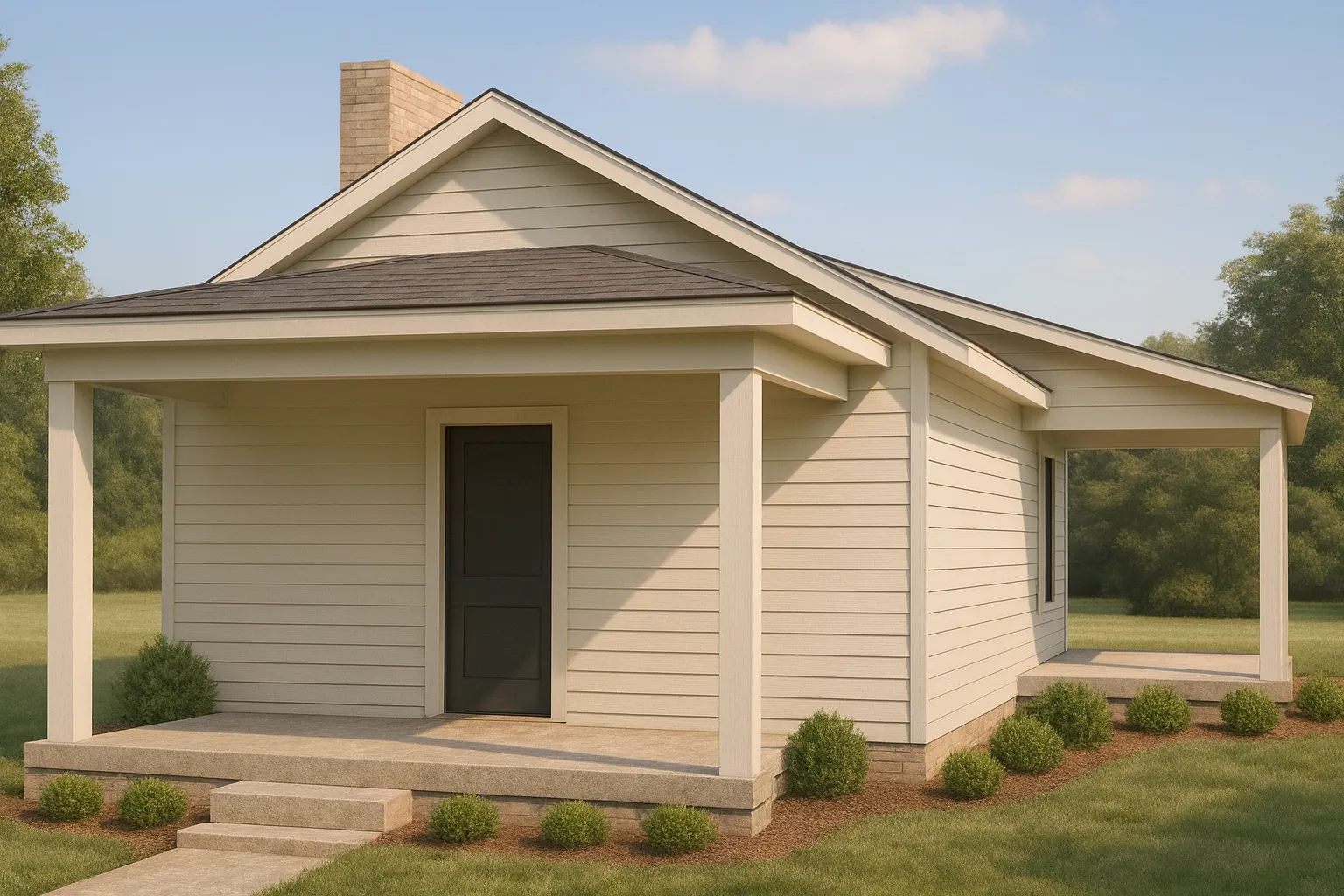Front view of a Cottage Ranch small home featuring horizontal lap siding, covered porch, and simple traditional architectural detailing