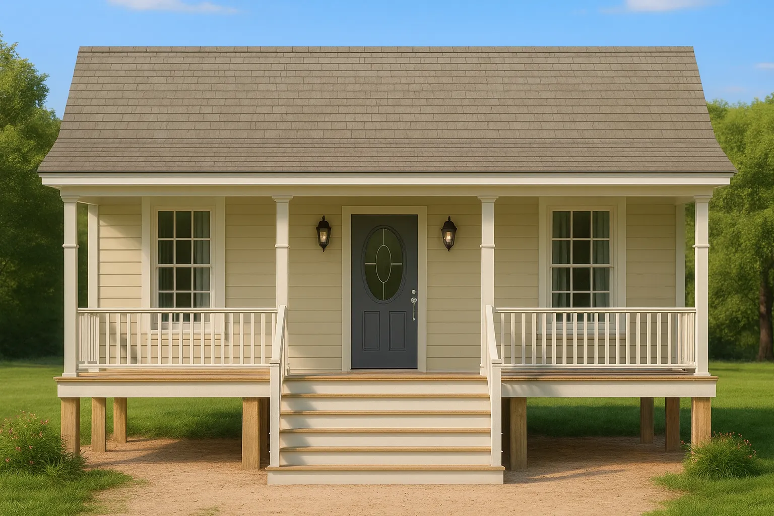 Front view of an American Cottage home with horizontal siding, symmetrical windows, and a classic full-width covered porch