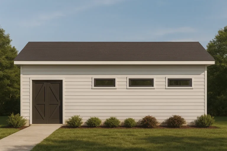 Contemporary outbuilding with modern shed roof, horizontal siding, and clerestory windows