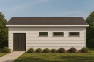 Modern Farmhouse style outbuilding with horizontal siding, dark double doors, and three contemporary clerestory windows