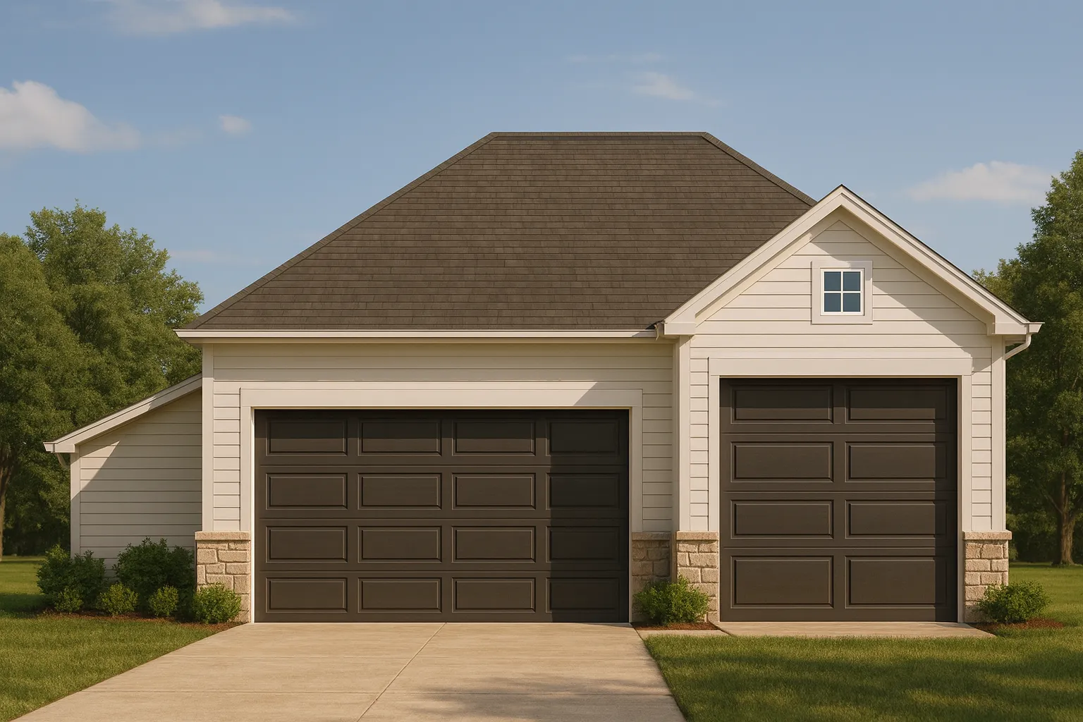 Front elevation of a Traditional Suburban garage with horizontal siding, stone base accents, and dual garage doors