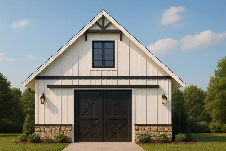 Front elevation of Modern Farmhouse carriage house garage with board and batten siding, stone base, and steep gable roof