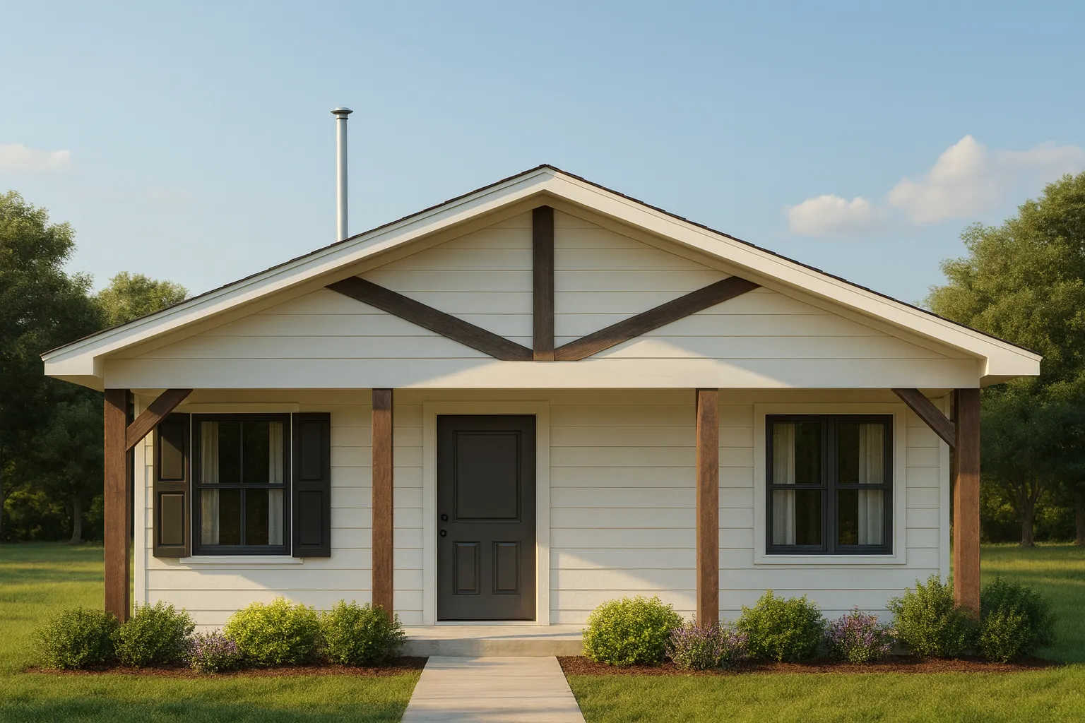 Front view of a Modern Farmhouse Cottage home featuring horizontal lap siding, timber porch posts, and a simple gabled roof
