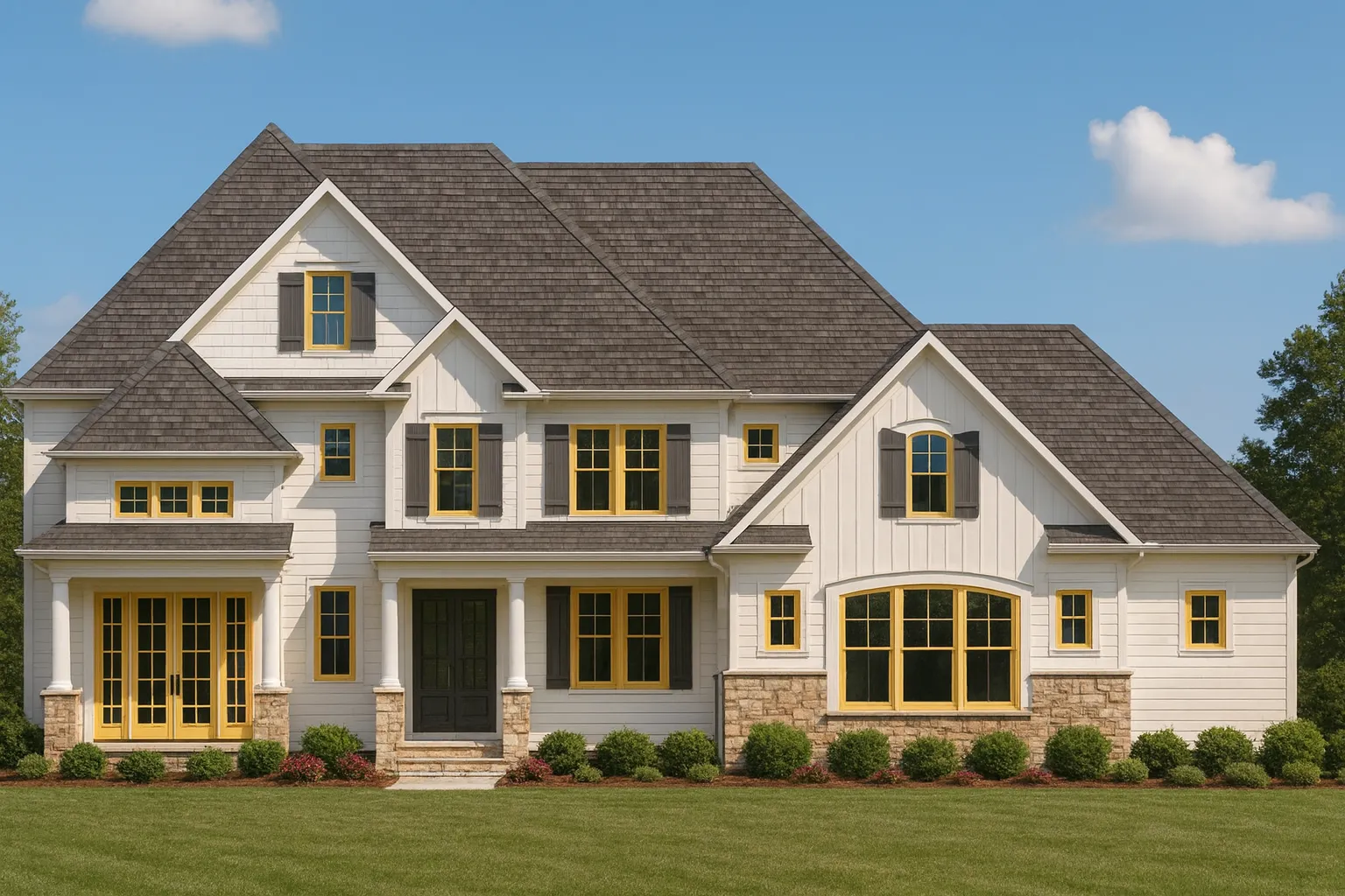 Front elevation of a Modern Farmhouse home featuring board and batten siding, stone accents, yellow window trim, and symmetrical gable design