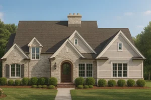 European 3-Story 5-Bedroom House Plan with Brick & Stone Architecture