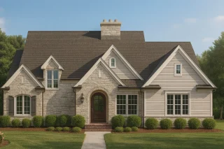 European 3-Story 5-Bedroom House Plan with Brick & Stone Architecture