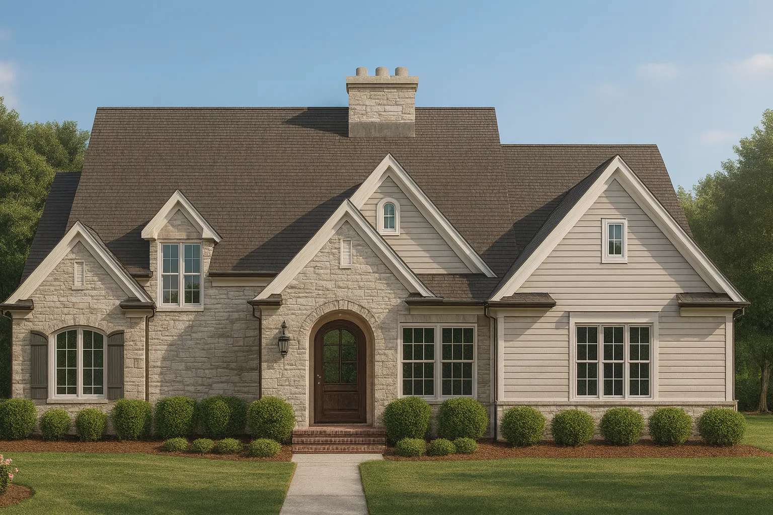 European 3-Story 5-Bedroom House Plan with Brick & Stone Architecture