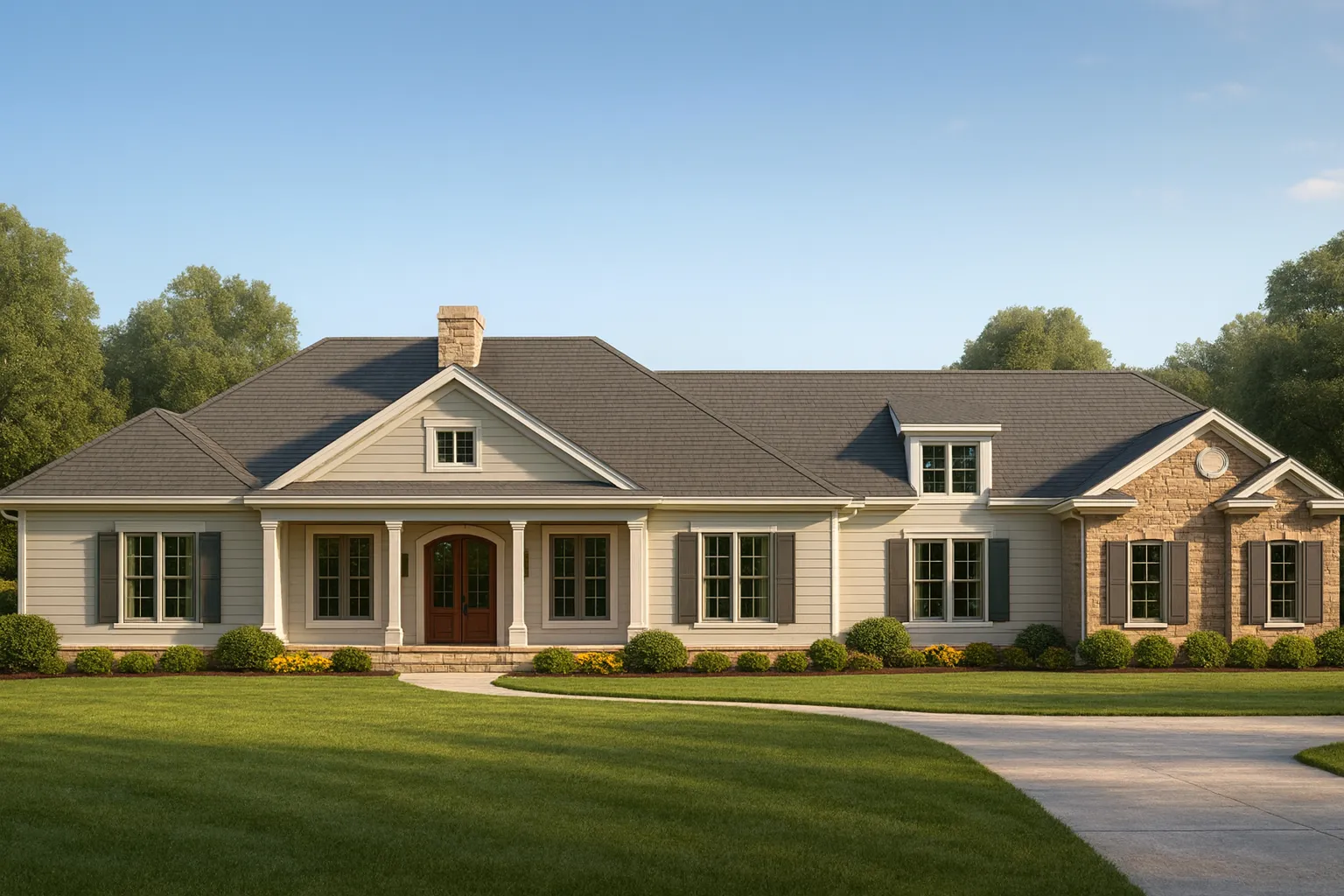 4 Bedroom House Plans 2 Front elevation of a Traditional Ranch style home featuring horizontal siding, stone accents, shuttered windows, and a welcoming covered porch