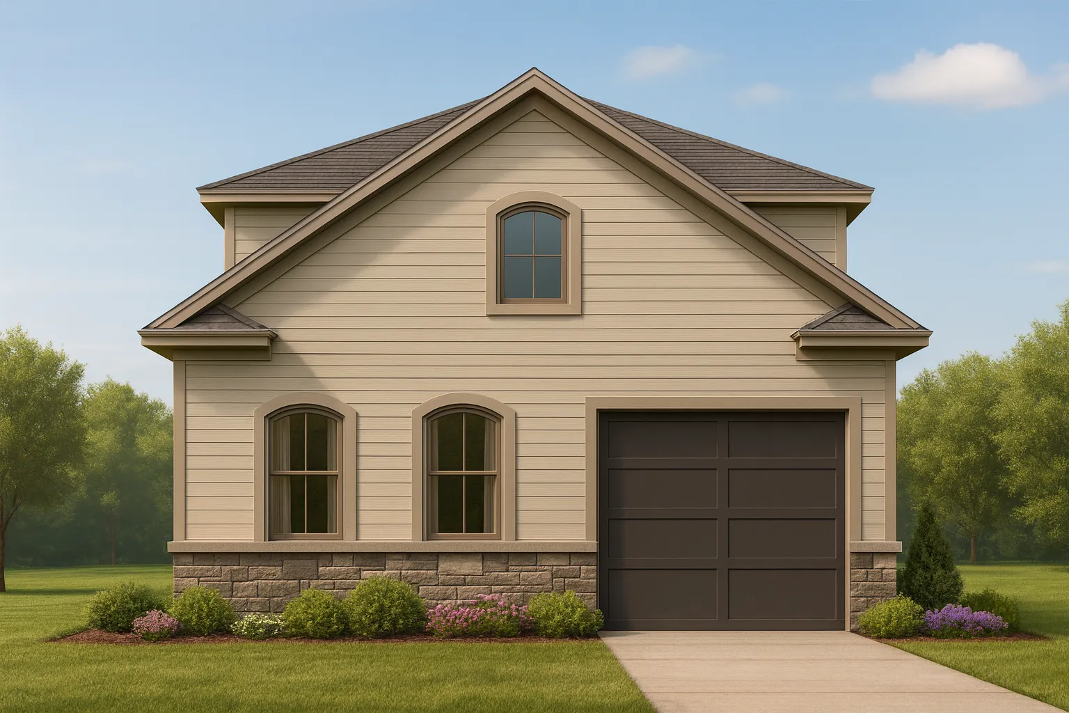 Front elevation of a traditional suburban house featuring horizontal siding, stone wainscoting, and a single-car garage