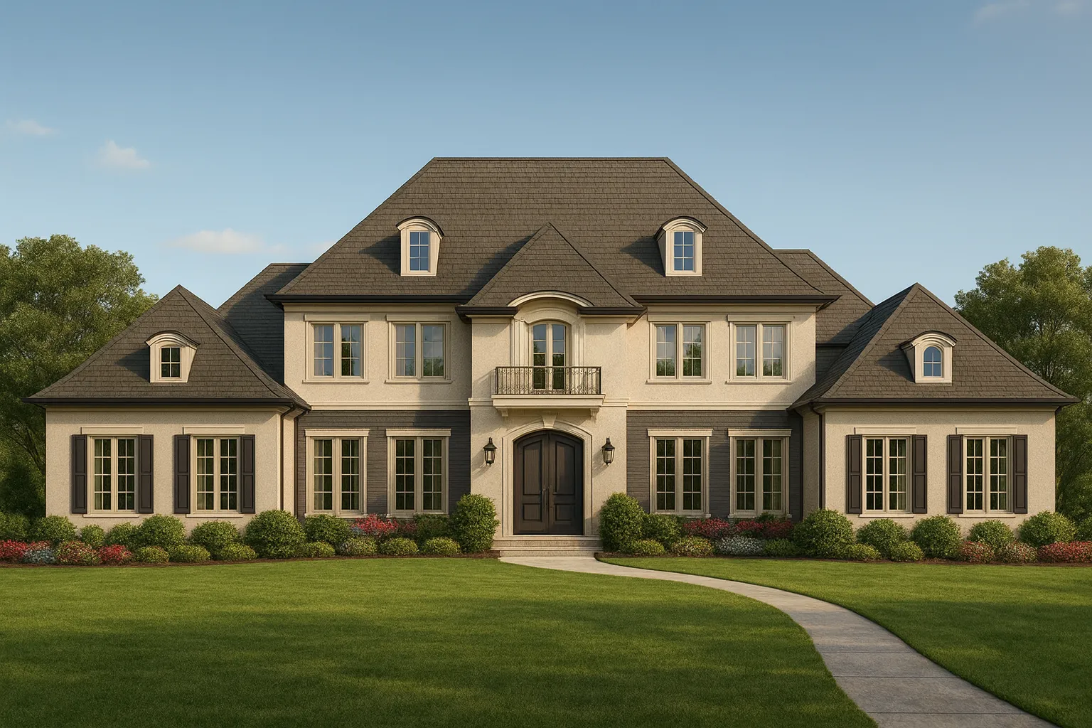 Front elevation of a French Provincial home featuring smooth stucco exterior, steep hipped roof, arched entry doors, and classic dormer windows