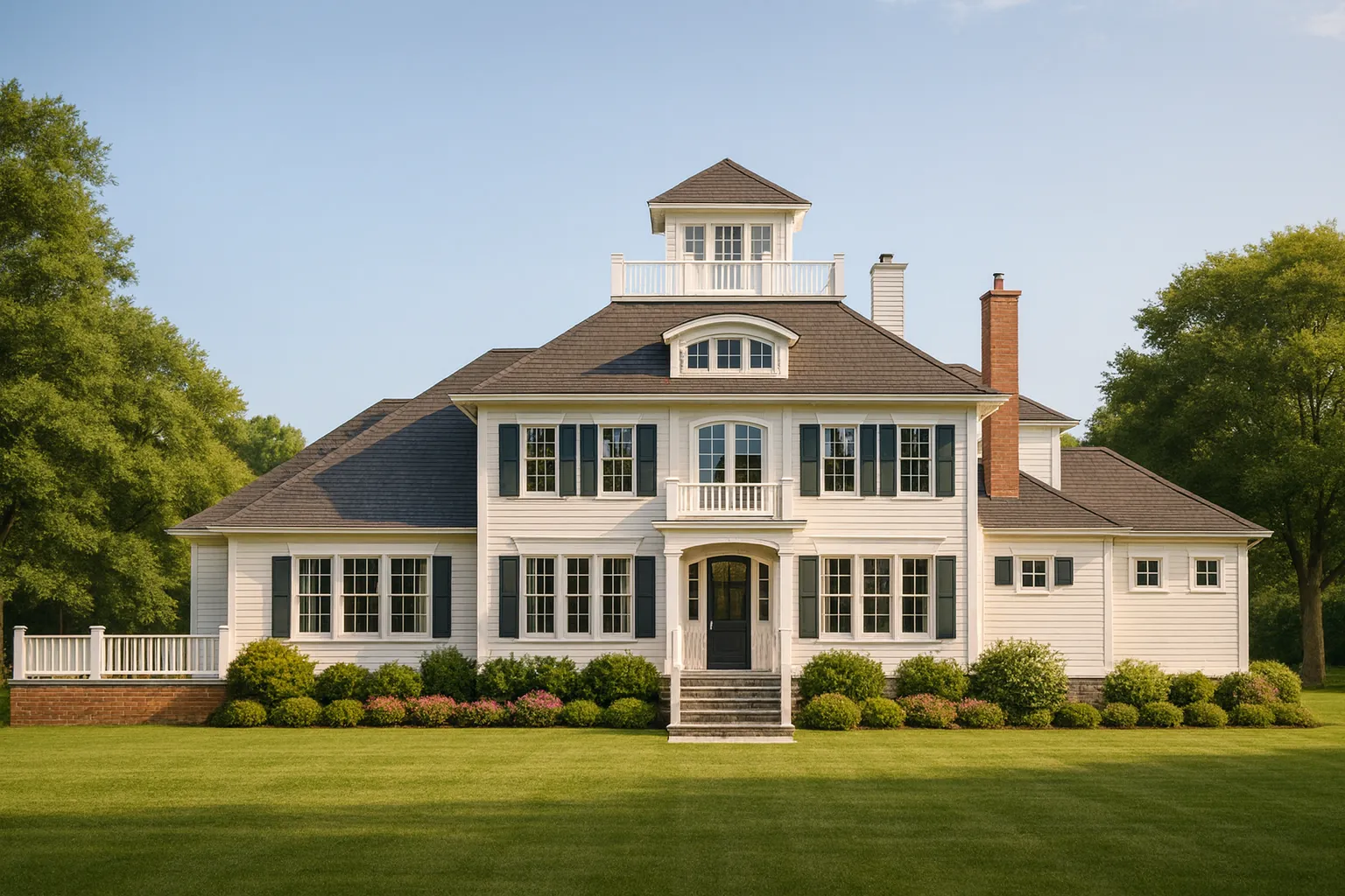 Georgian House Plans 13 Front elevation of a Colonial Georgian style home with coastal influence, featuring wood shingle siding, symmetrical windows, central entry, and manicured lawn