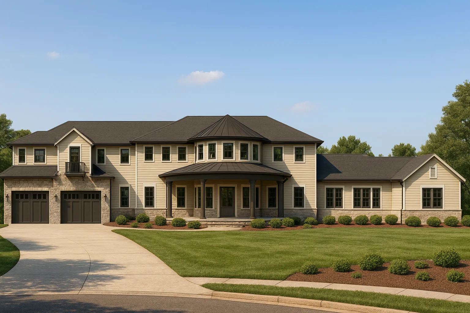 Front exterior of a New American style home with painted brick, horizontal siding, multiple gables, and a covered entry porch