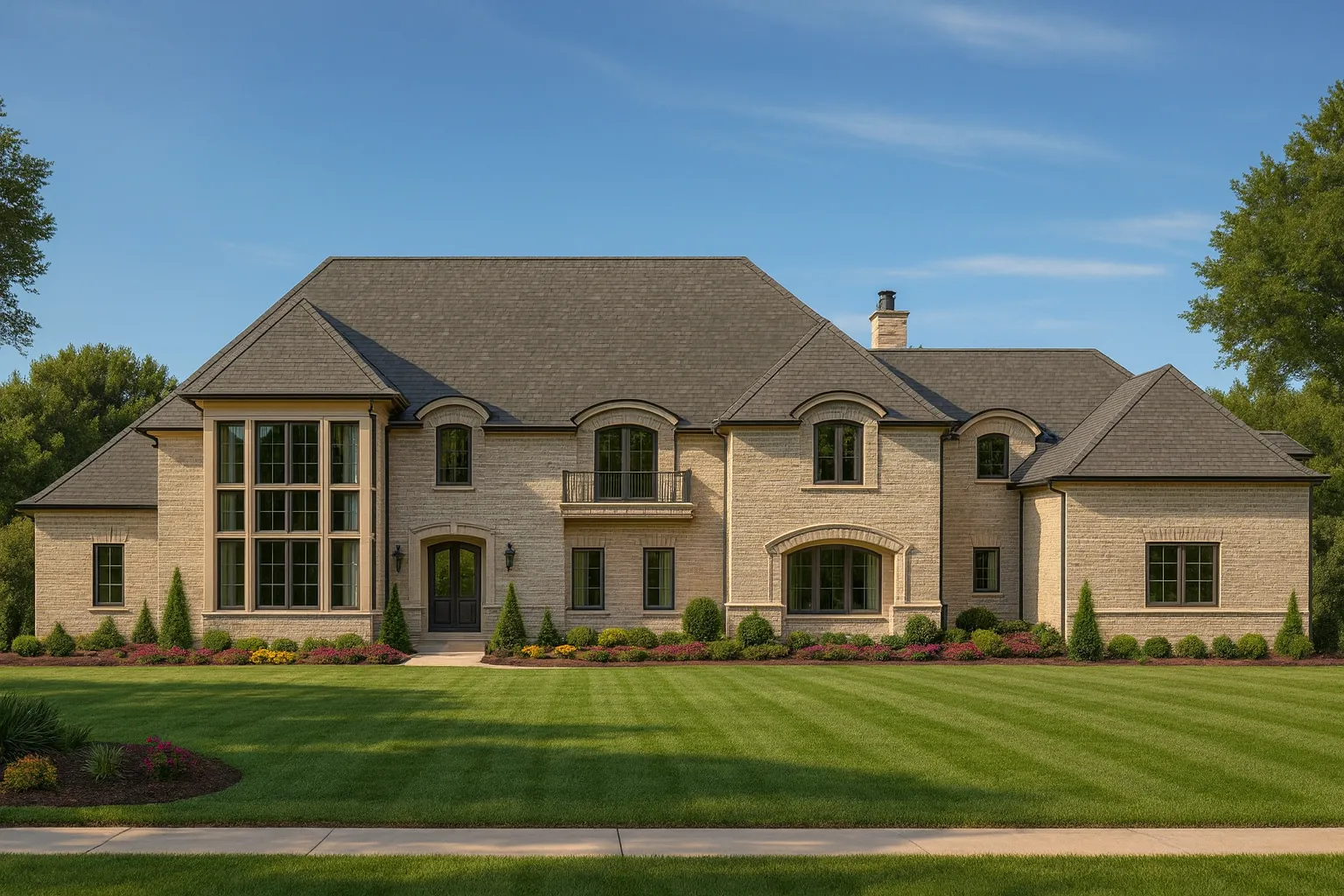 Front elevation of a French Provincial style luxury home featuring brick exterior, arched windows, and elegant European detailing