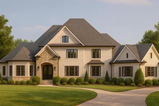 Front view of a Transitional Traditional style home featuring stone accents, horizontal siding, dark windows, and a steep gabled roof