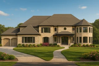 Front elevation of a French Country luxury home featuring full stone exterior, multi-gabled rooflines, arched windows, and symmetrical architectural detailing
