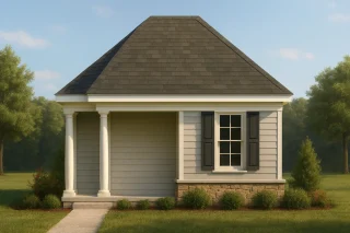 Front view of a Traditional Suburban Neoclassical small home featuring horizontal siding, stone wainscot, and a hipped roof with clean symmetrical detailing