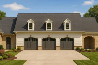 Front elevation of Traditional Colonial Carriage House garage featuring brick base, horizontal siding, three arched garage doors, and dormer windows