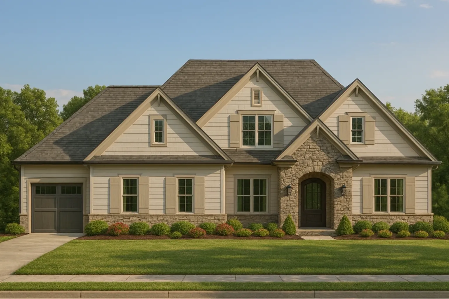 Front elevation of New American modern traditional house with stone accents, horizontal siding, gabled rooflines, and arched entry