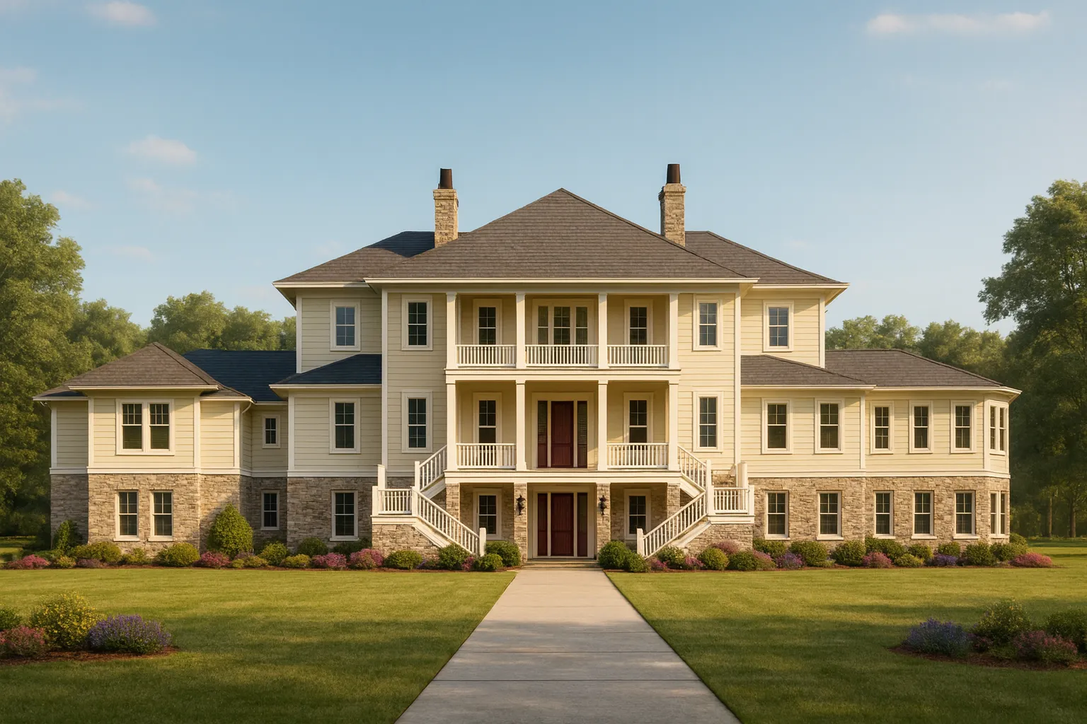 Front elevation of a Neoclassical Classical Southern style home with symmetrical design, double porches, painted siding, and stone exterior base