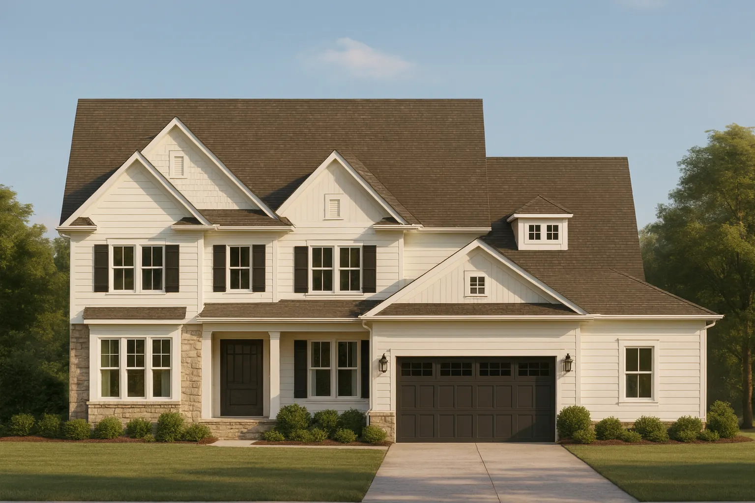 Front elevation of a Modern Farmhouse and Traditional Suburban style home featuring board-and-batten siding, horizontal lap siding, stone accents, and classic architectural detailing