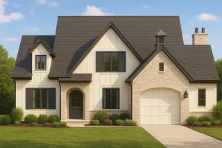 Front view of a French Country Modern Farmhouse home featuring stone accents, board-and-batten siding, black windows, and a steep gabled roof