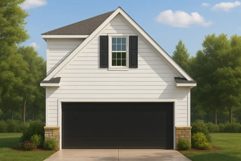 Front view of a Traditional Suburban carriage house garage apartment featuring white lap siding, stone base accents, black shutters, and a gabled roof