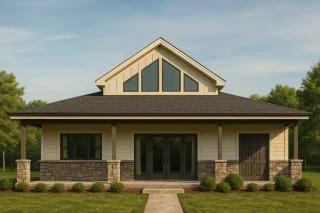 Front elevation of a Craftsman Cottage style home featuring stone accents, board and batten siding, and a welcoming covered porch