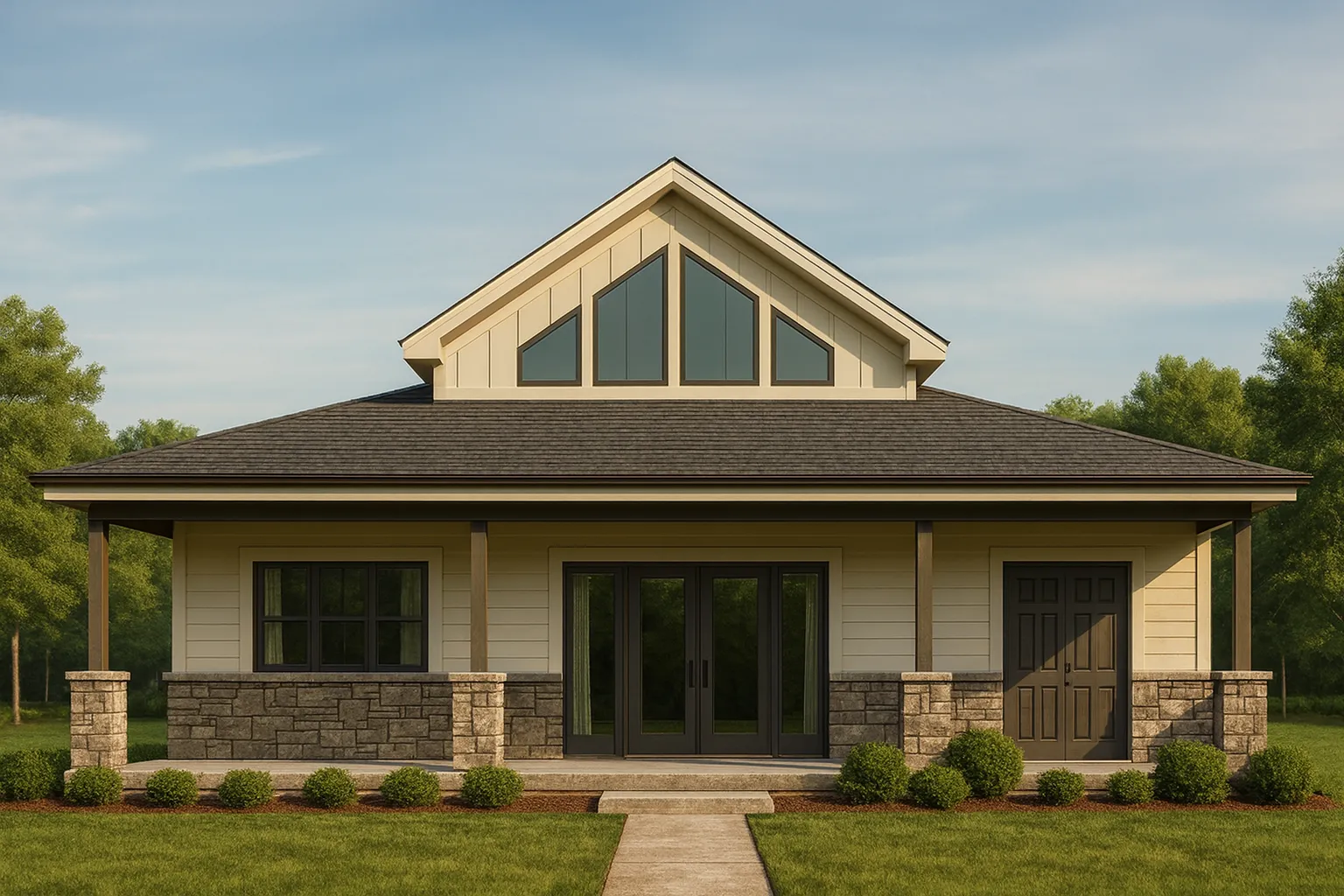 Front elevation of a modern Craftsman ranch home featuring board and batten siding, horizontal lap siding, stone accents, and a deep covered porch