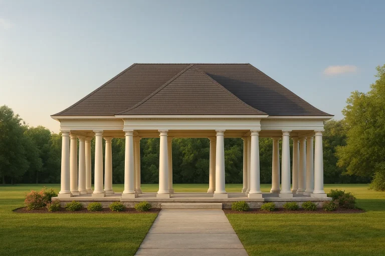 Front view of Neoclassical pavilion with smooth stucco exterior, full-height classical columns, and symmetrical hipped roof design