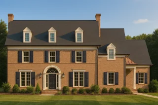 Front elevation of a Georgian Colonial style home featuring a full brick exterior, symmetrical windows, dormers, and traditional architectural detailing