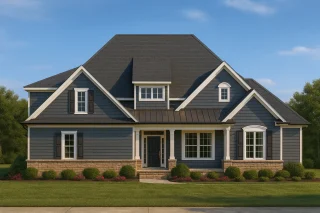 Front elevation of a Traditional Suburban style home featuring horizontal lap siding, stone base accents, gabled rooflines, and symmetrical windows