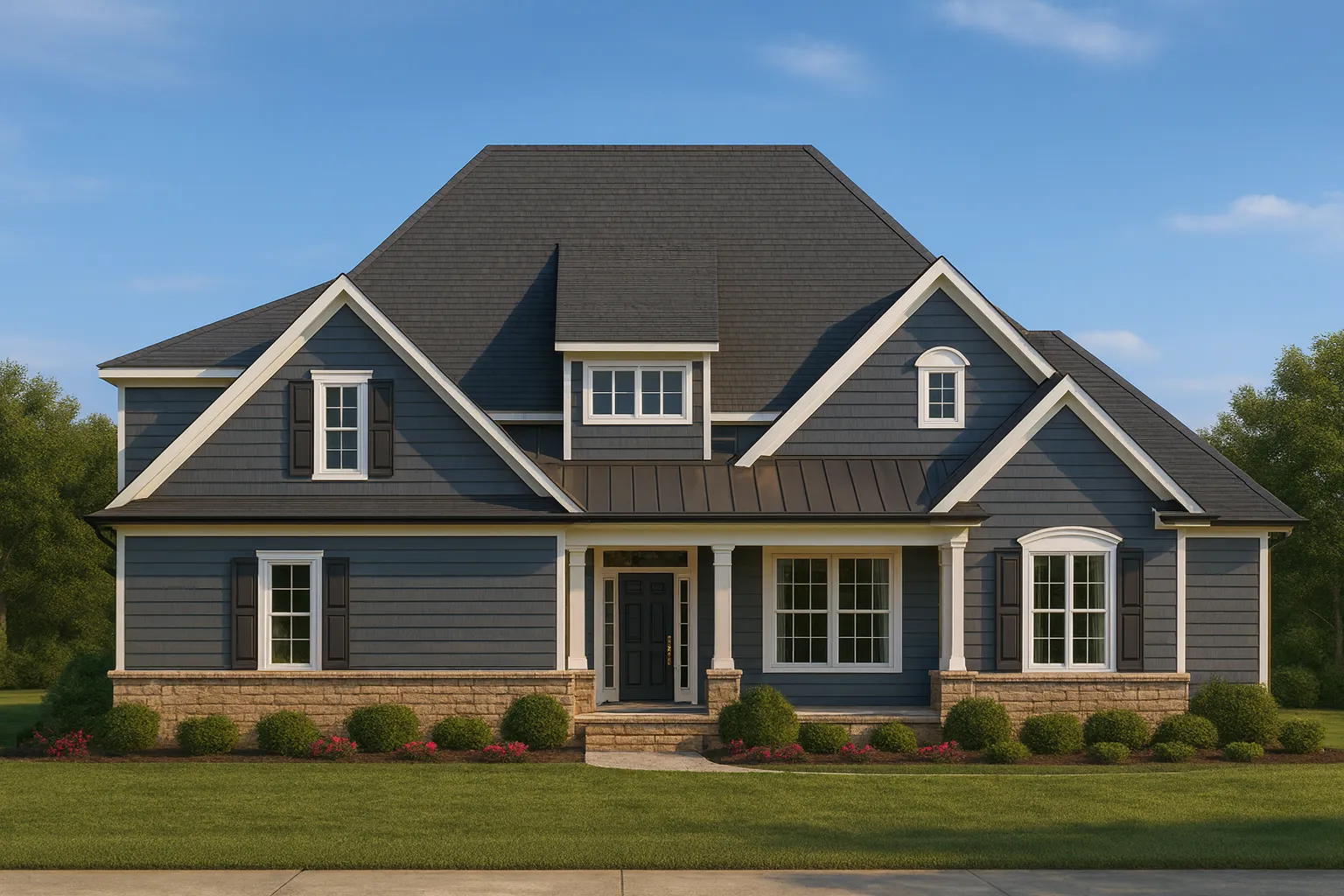 Front elevation of a Traditional Suburban style home featuring horizontal lap siding, stone base accents, gabled rooflines, and symmetrical windows