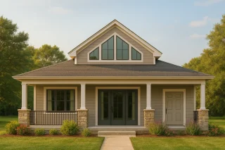 Front elevation of a Cottage Craftsman style home featuring lap siding, stone column bases, large covered porch, and symmetrical gable design