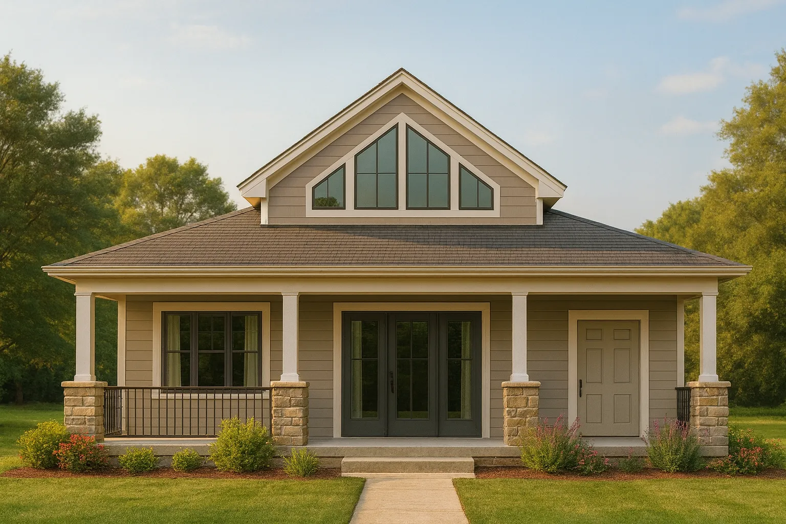 Front elevation of a Craftsman Bungalow Cottage home featuring horizontal lap siding, stone column bases, and a welcoming covered porch