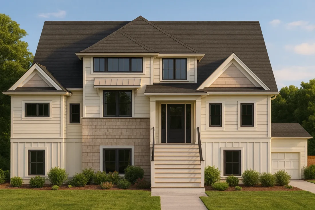 Front elevation of a Transitional Modern Traditional home featuring board and batten, horizontal siding, and shingle siding with symmetrical design and central staircase