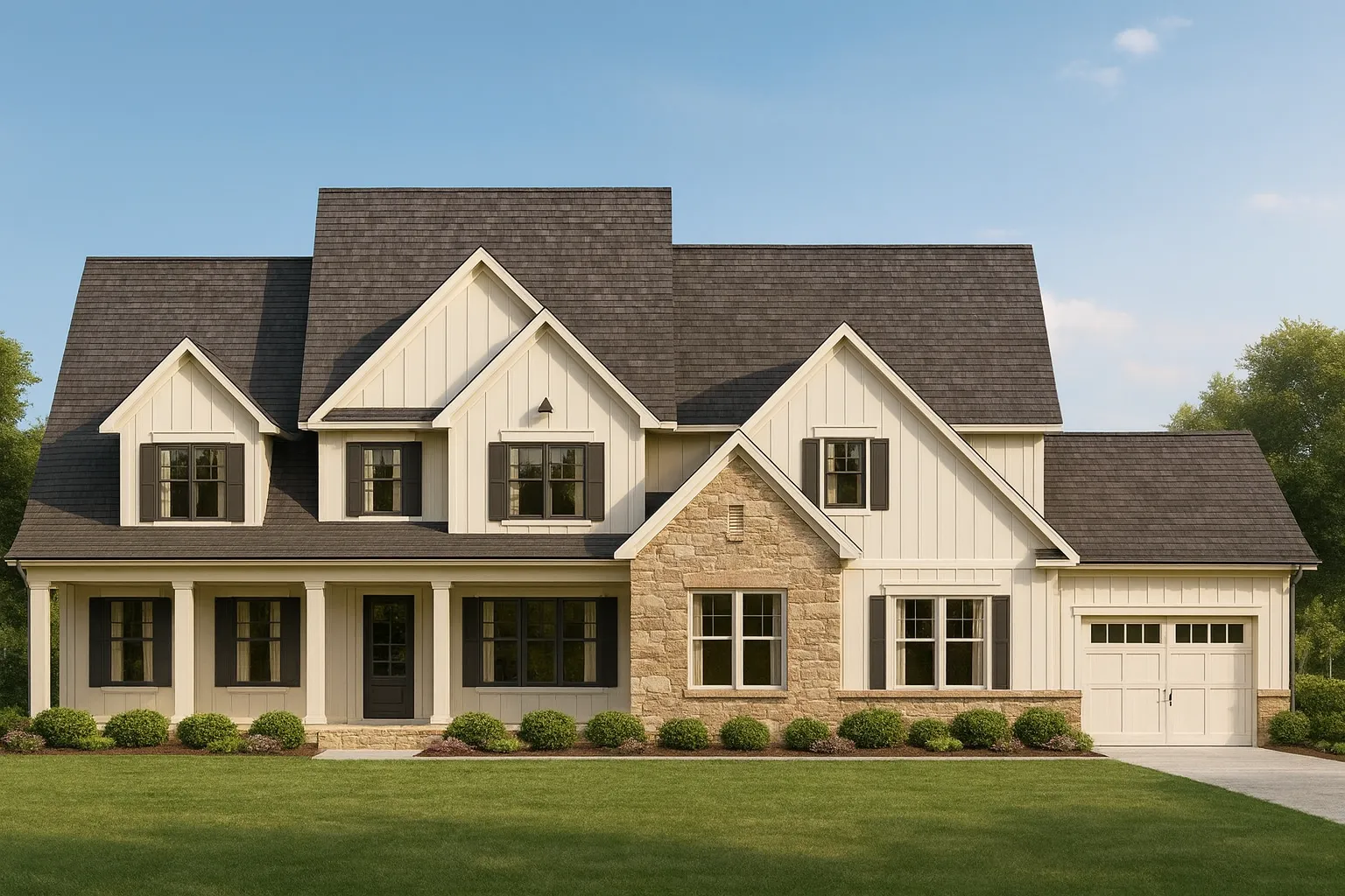 Front elevation of a Modern Farmhouse home featuring board and batten siding, stone accents, gabled rooflines, and a welcoming front porch