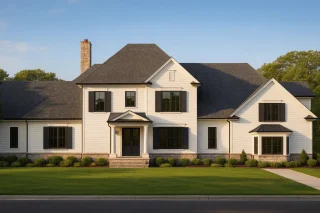 Front elevation of a Modern Farmhouse style home featuring board and batten siding, horizontal lap siding, stone accents, and a symmetrical two-story design