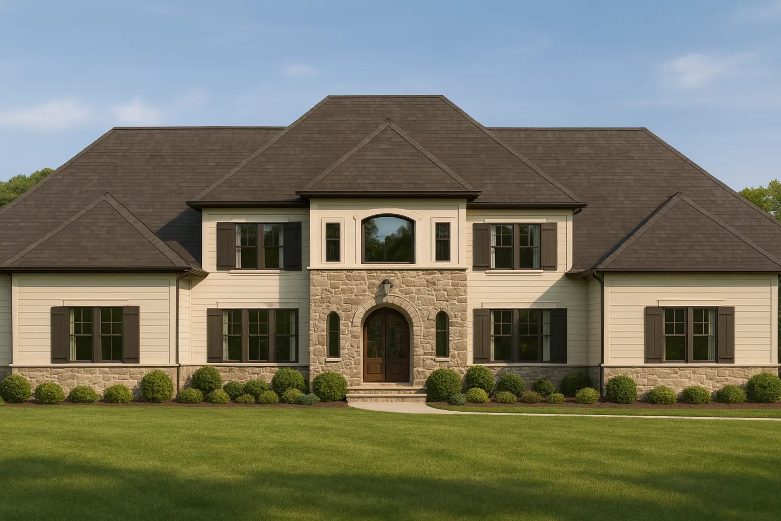 Classical House Plans 14 Front elevation of a Traditional French Country style home featuring stone accents, horizontal siding, symmetrical windows, and elegant architectural detailing