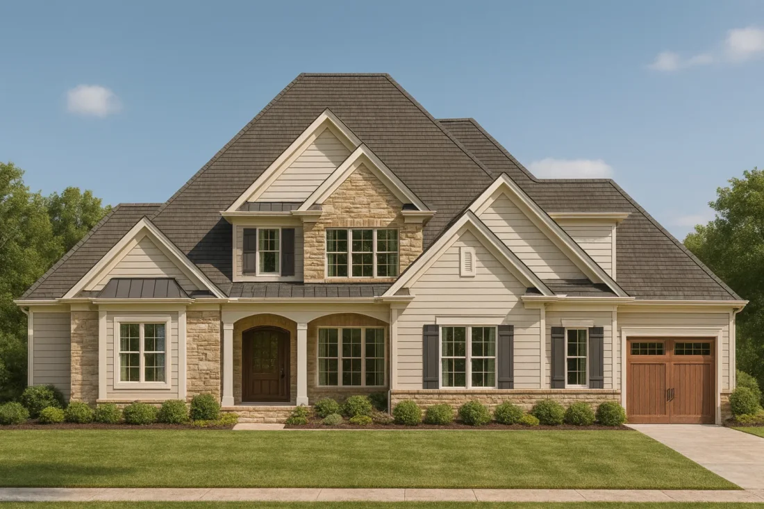 Front elevation of a Traditional New American house featuring stone accents, horizontal siding, board-and-batten details, and a prominent gabled roofline