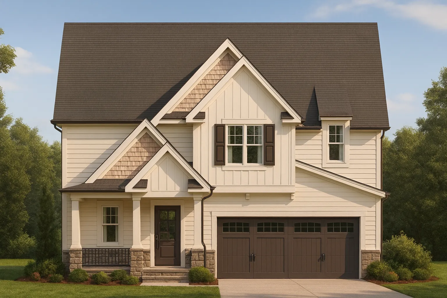 Front elevation of a New American Modern Farmhouse style home featuring board and batten siding, gabled rooflines, and a two-car garage